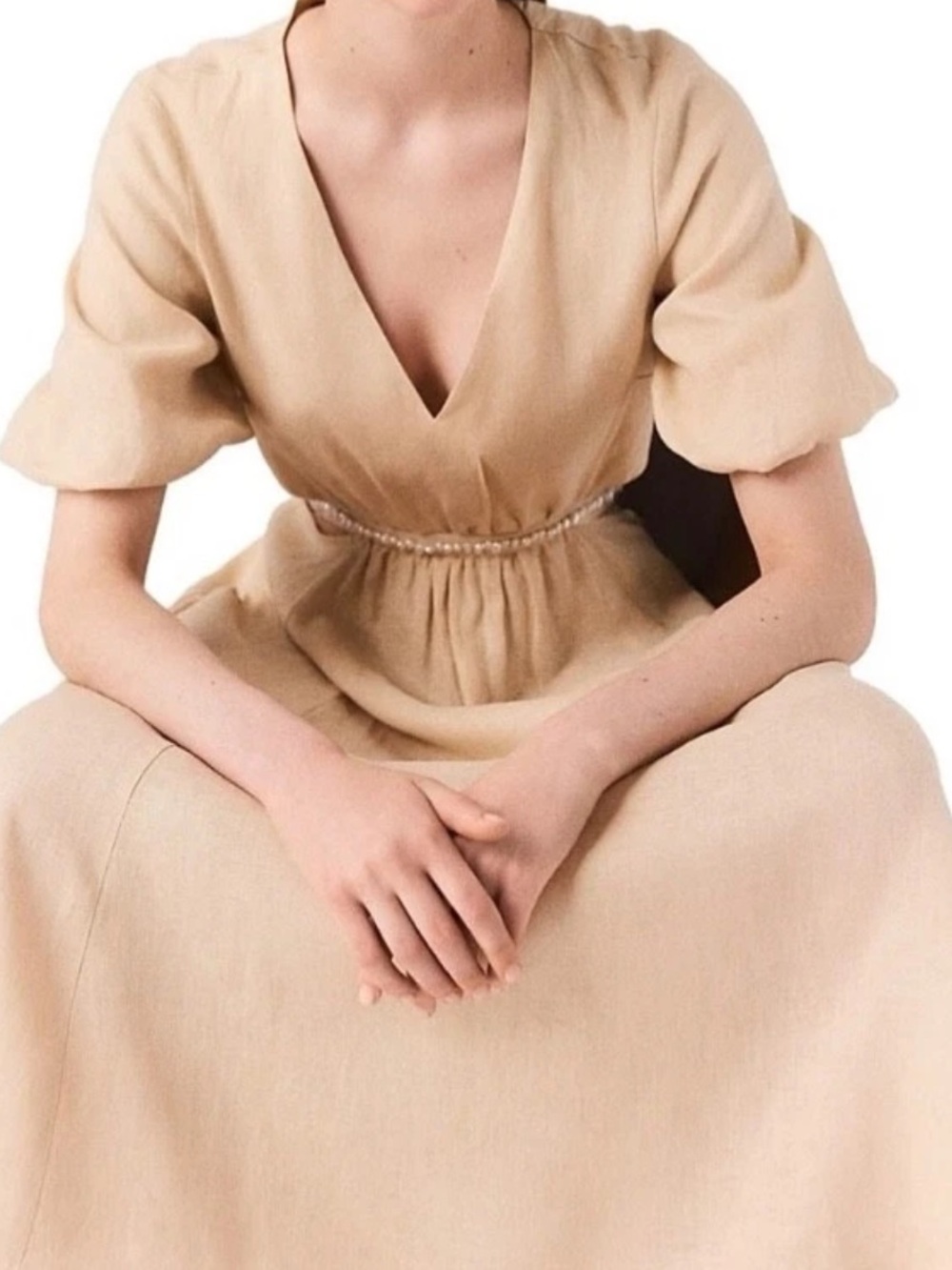 Maje Rivague Linen Pearl Cut out Midi Dress 6 Sz 38 NEW NWT - Picture 3 of 13
